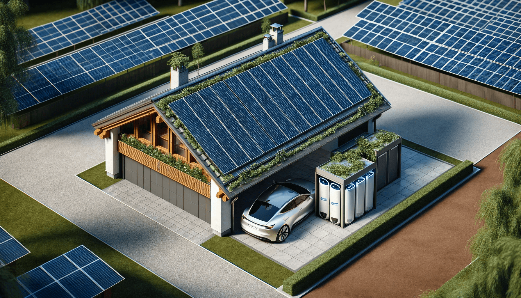 A distant view of a garden villa featuring a solar energy storage system, with the storage system installed in a garage where an electric car is parke