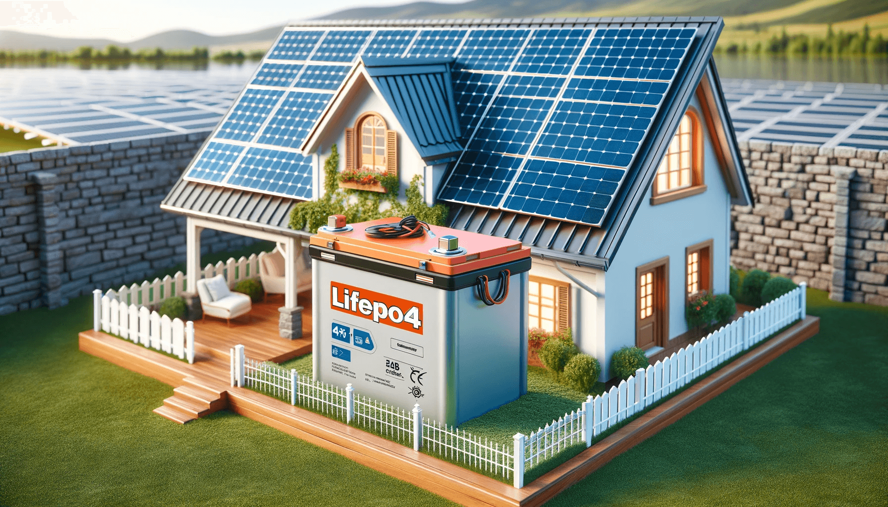 A home solar panel setup with a 48V LiFePO4 battery clearly visible, showcasing its use in residential energy storage systems