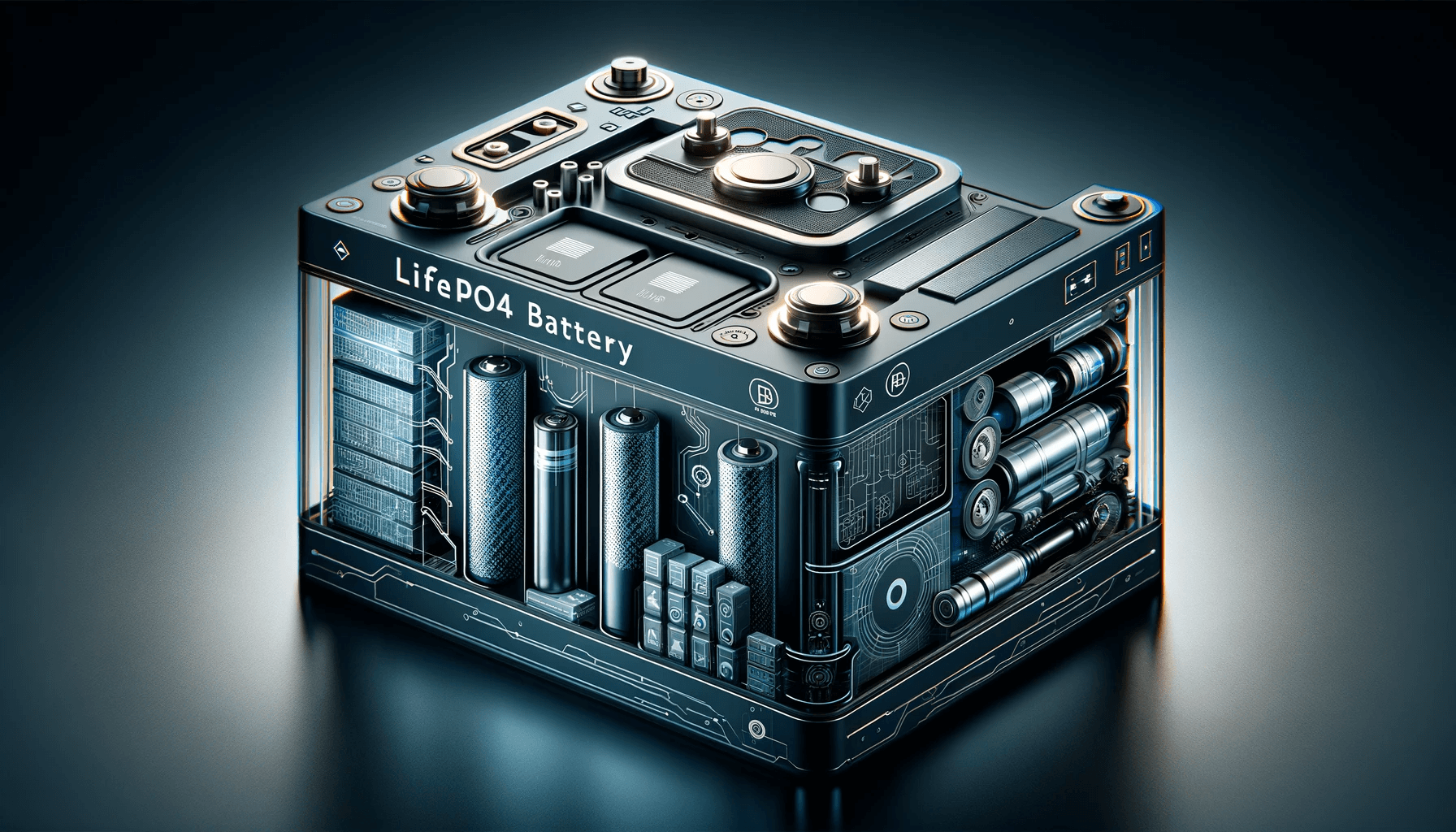 A sophisticated and modern design of a LiFePO4 battery, showcasing its internal structure and components. The image should illustrate the battery