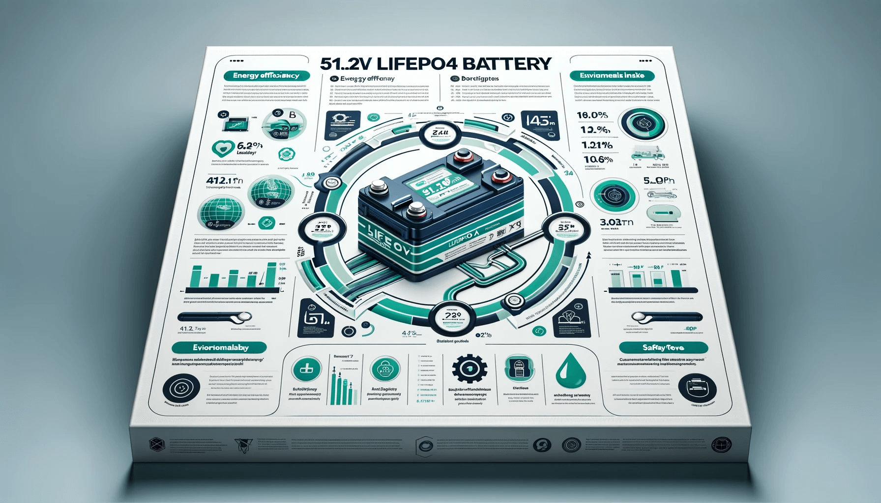 An informative infographic highlighting the advantages and technical specifications of a 51.2V LiFePO4 battery